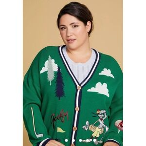 Disney Goofy Golf Cardigan M Green Knit‎ Embroidered Sweater Sweatshirt Patch